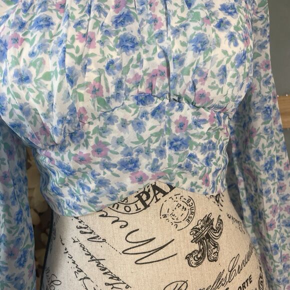 Japna White Blue Floral Pattern Long Puff Sleeve Back Tie Crop Top Blouse S - Picture 2 of 11
